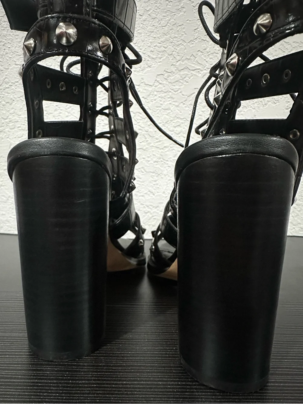 Fashion Nova Black Studded Cage Lace-Up Heels size 7.5